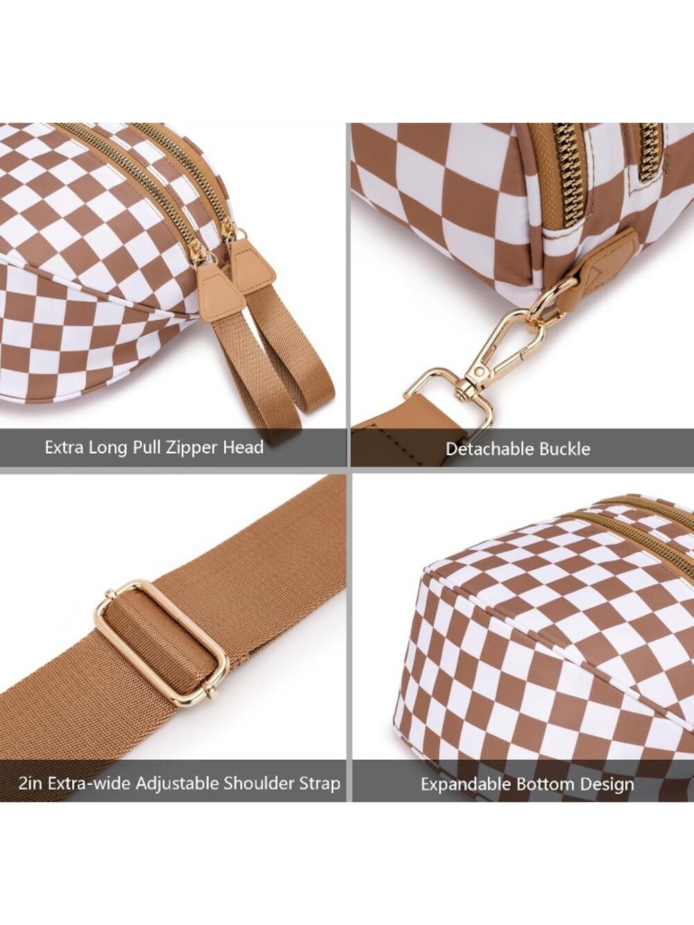 Women's Brown Spacious Checkered Double-Zipper Compartment Fashion Crossbody Bag - Picture 5 of 6